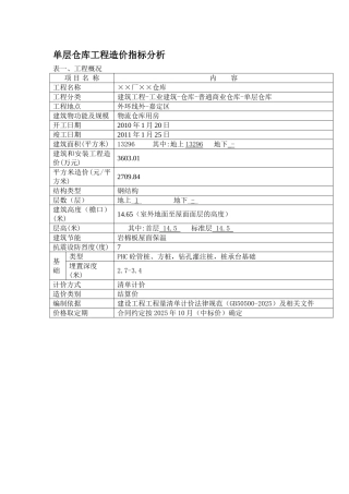 单层仓库工程造价指标分析