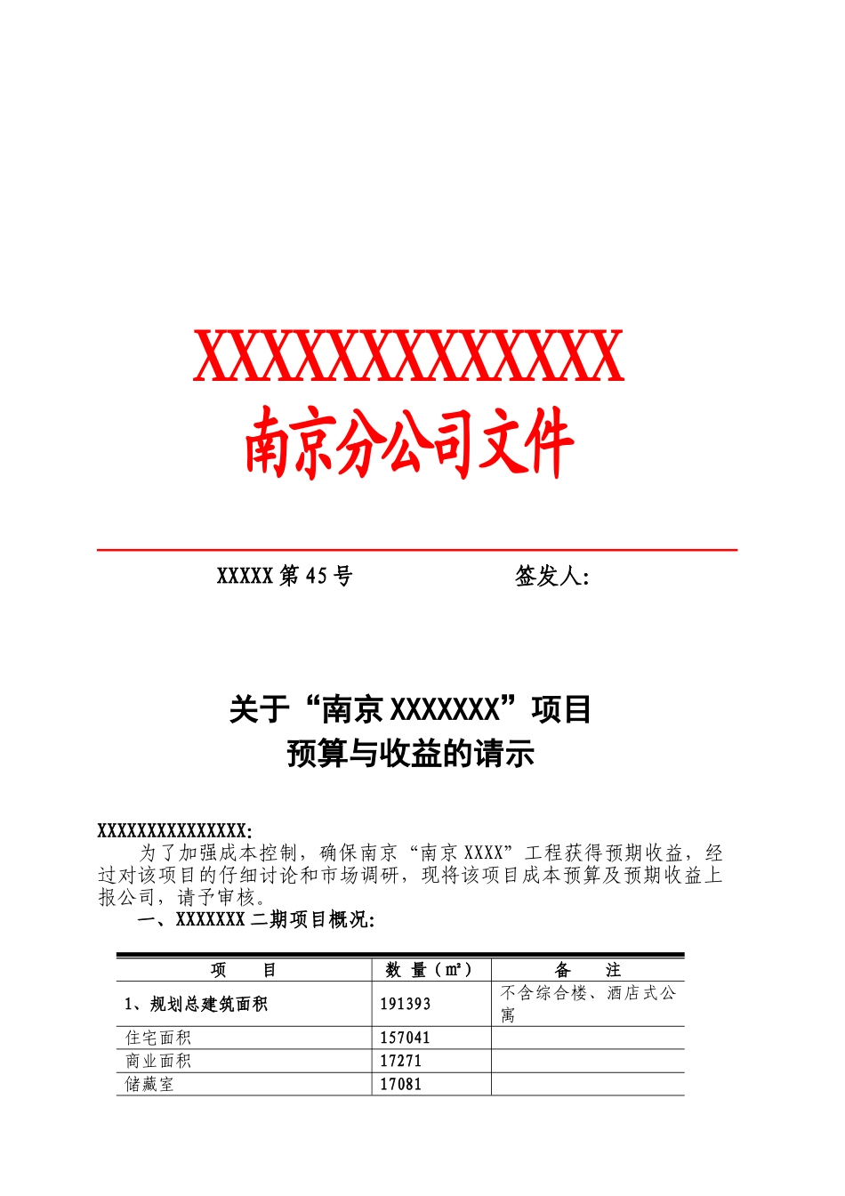 南京某项目预算与收益的请示的红头文件_第1页