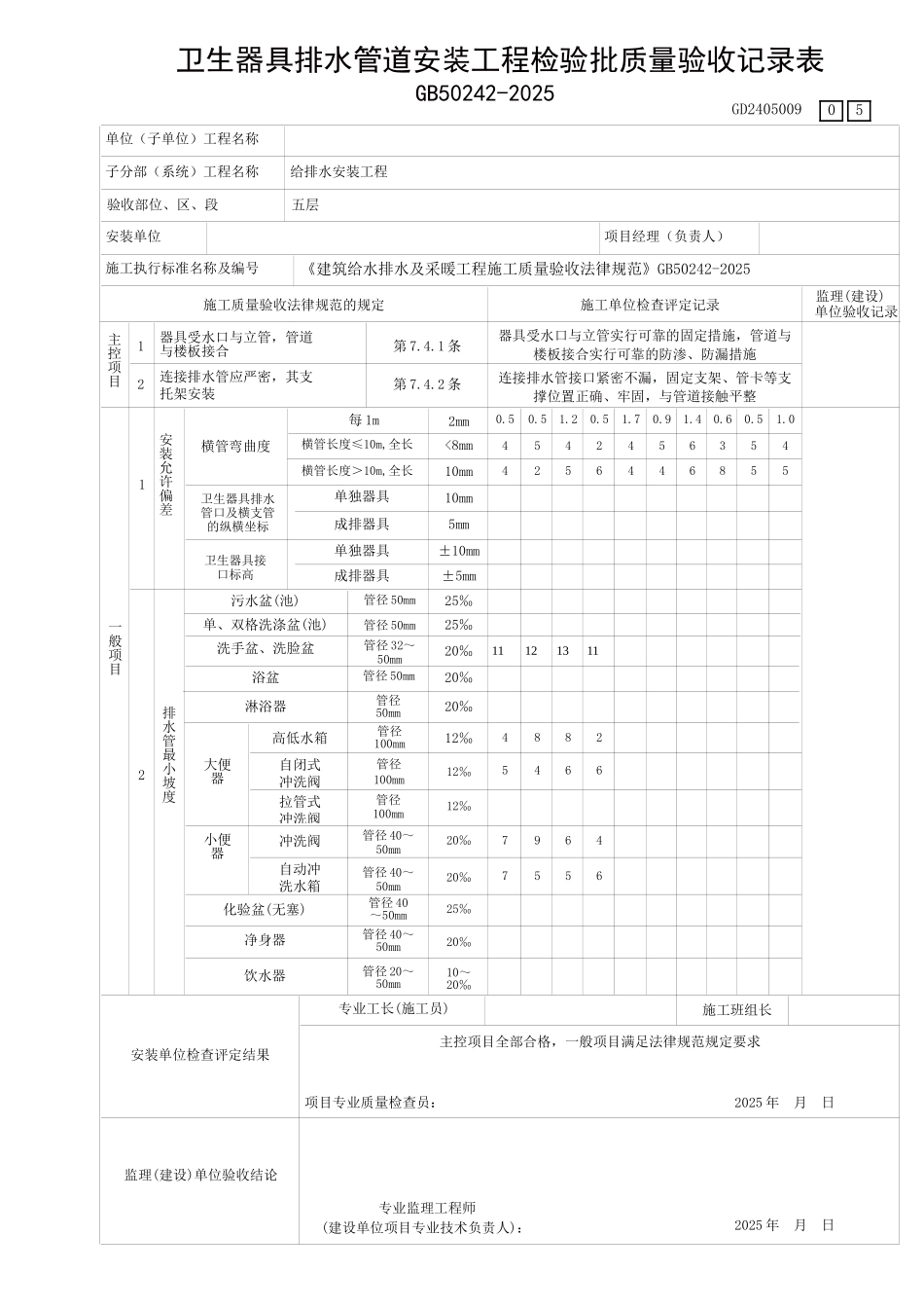 卫生器具排水管道安装工程检验表5_第1页