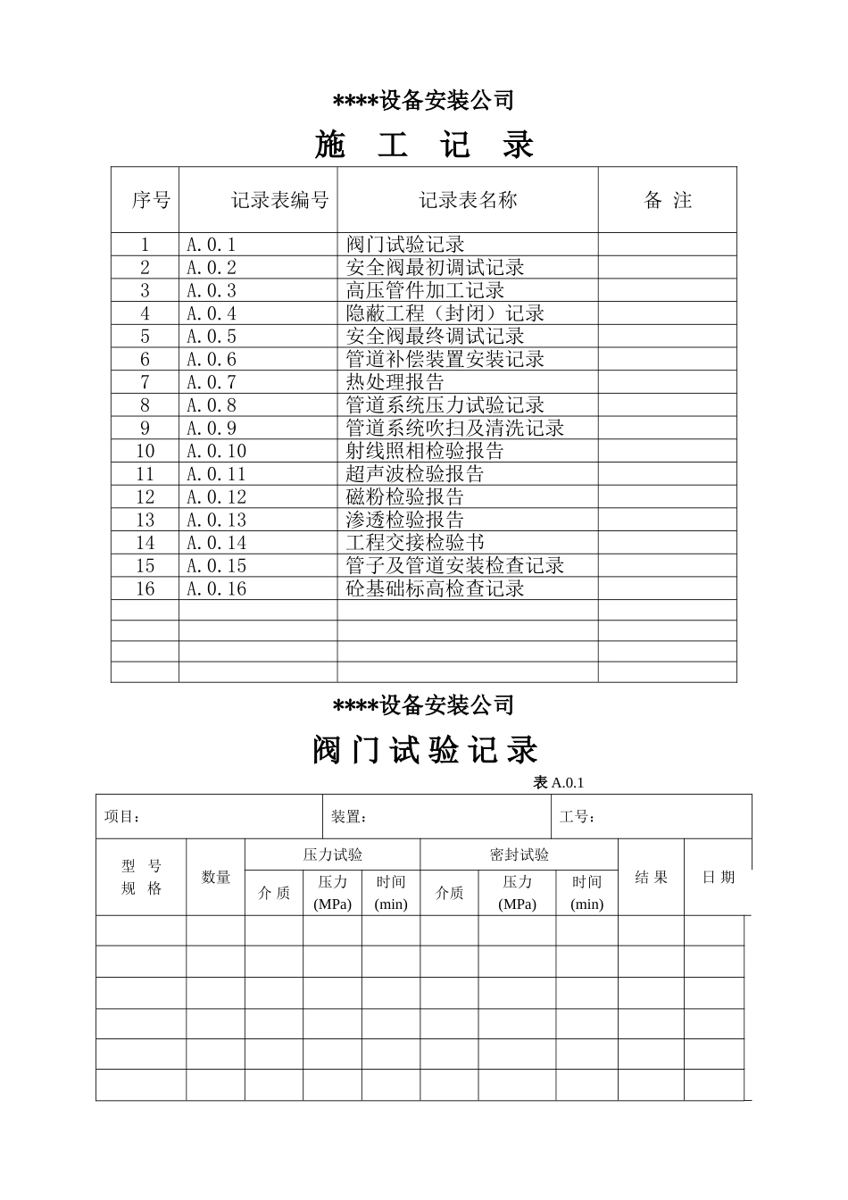 压力管道工程施工记录A_第1页