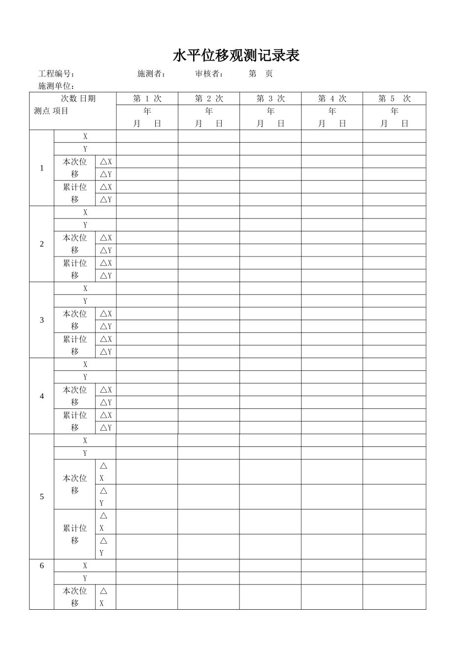 变形监测水平位移观测记录表_第1页