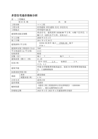 各类住宅楼造价指标分析