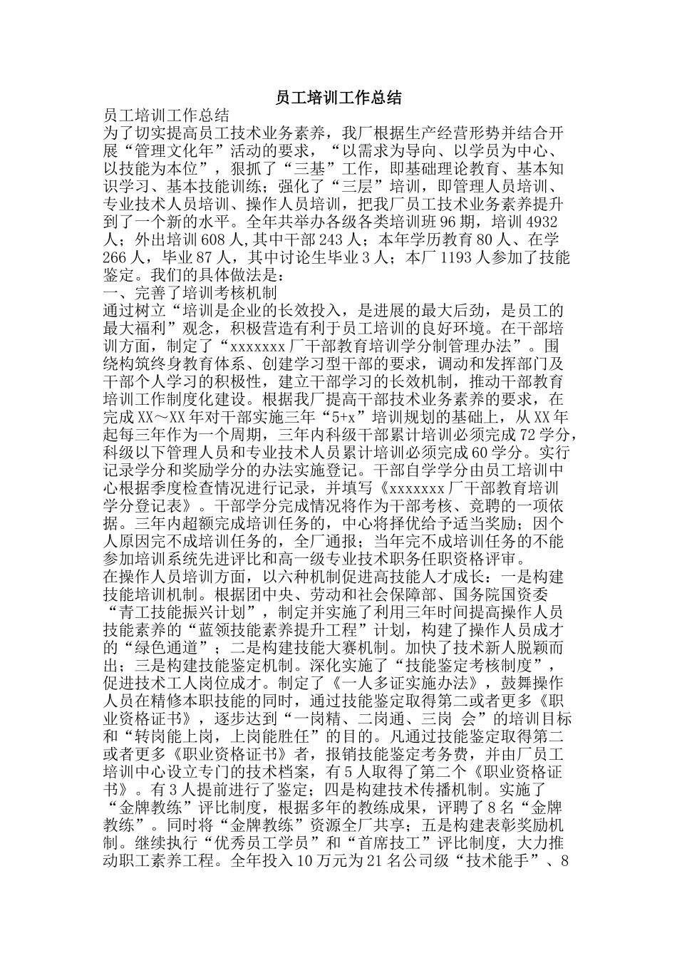 员工培训工作总结-精品范文资料_第1页