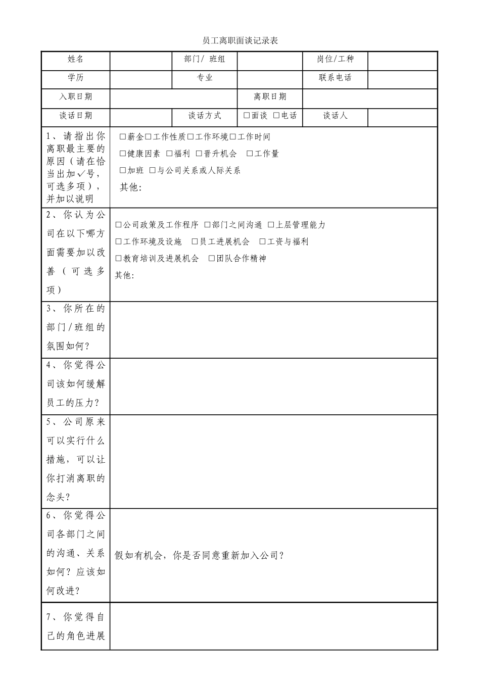 员工离职面谈记录表_第1页