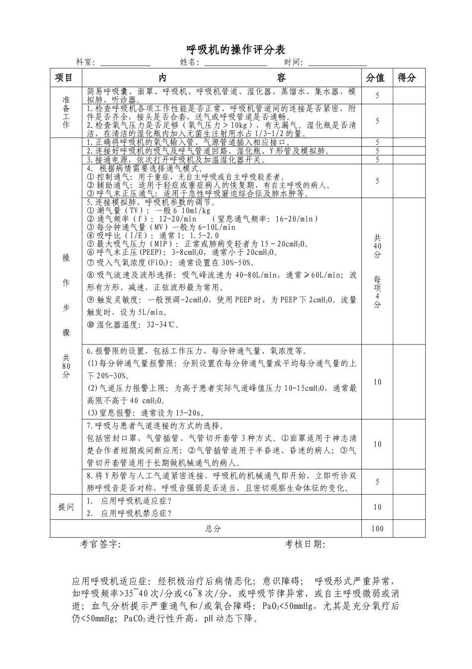 呼吸机的操作评分表_第1页