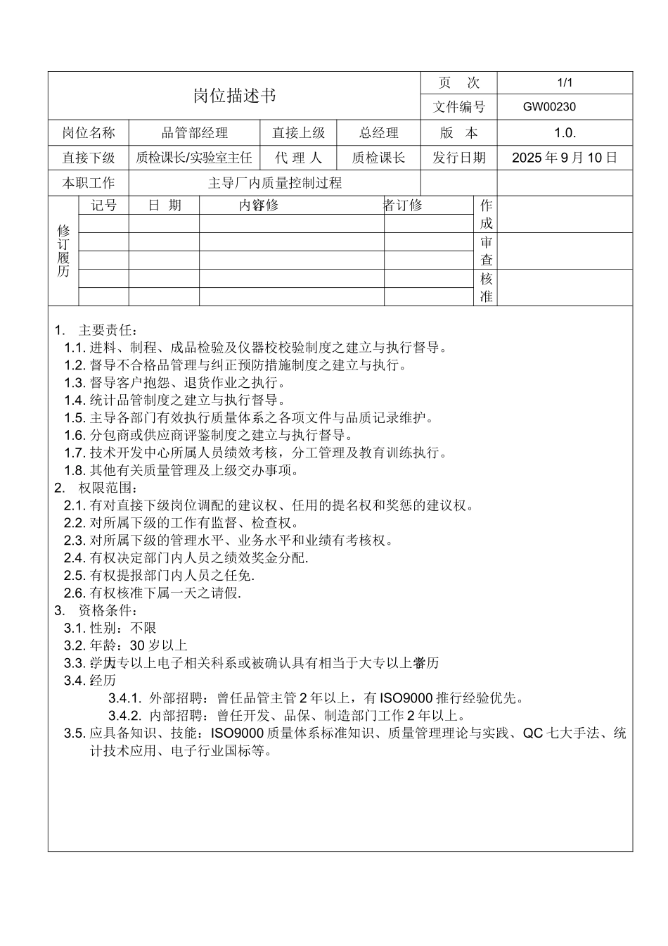 品管部经理岗位描述书_第1页