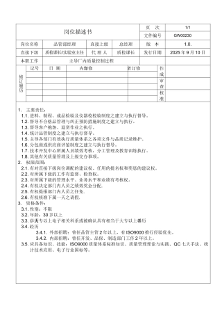 品管部经理岗位描述书