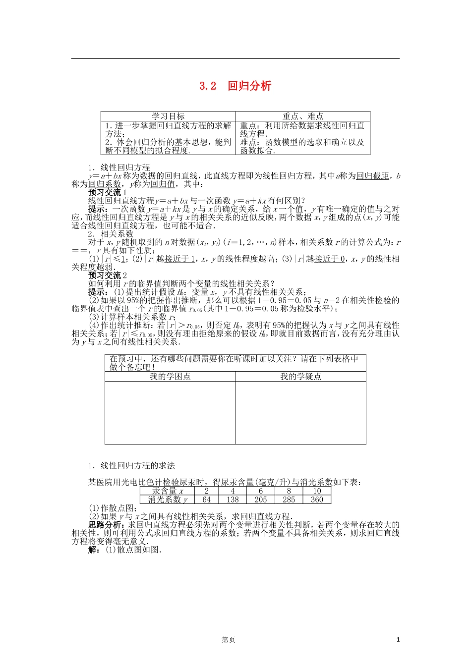 高中数学 3.2回归分析导学案 苏教版选修2-3-苏教版高二选修2-3数学学案_第1页