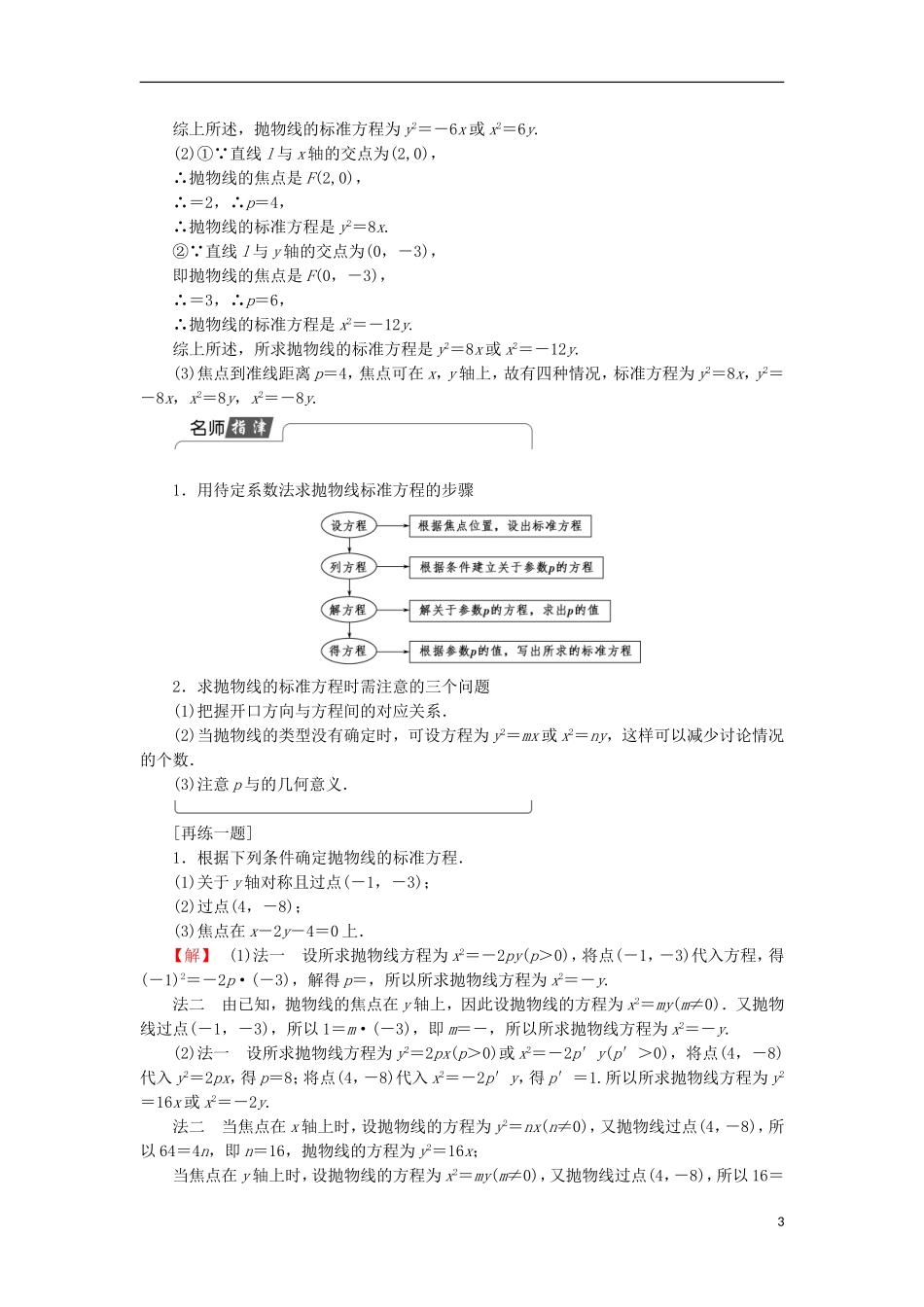 高中数学 2.4.1 抛物线的标准方程学案 新人教B版选修2-1-新人教B版高中选修2-1数学学案_第3页