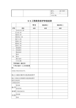 商务标评审综述表