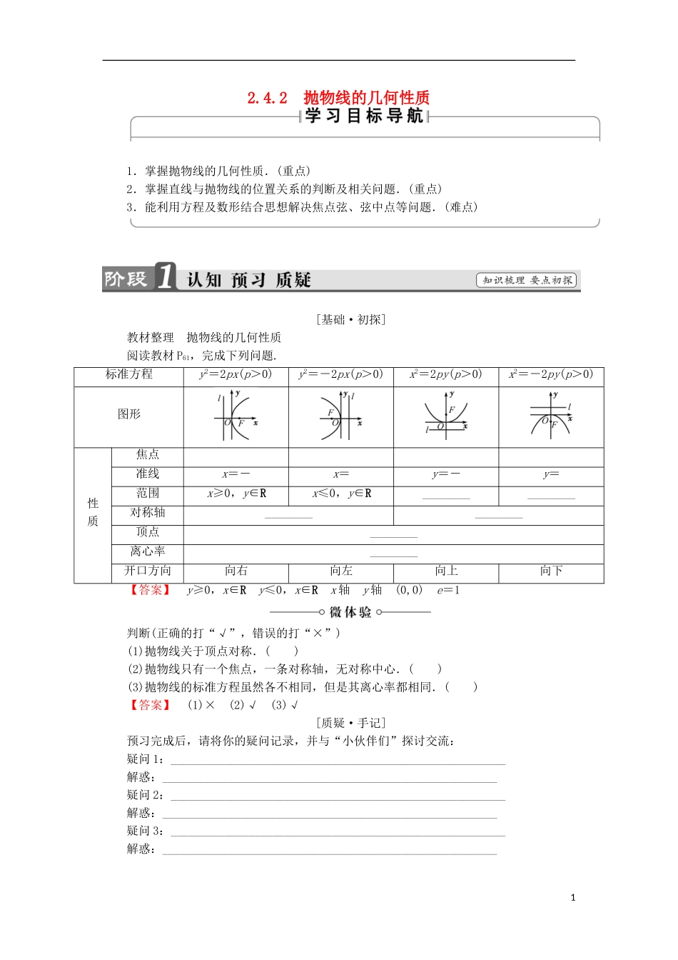 高中数学 2.4.2 抛物线的几何性质学案 新人教B版选修2-1-新人教B版高中选修2-1数学学案_第1页