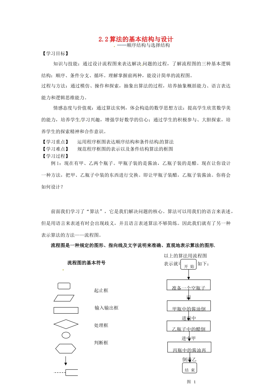高中数学 2.2算法的基本结构及设计 顺序结构与选择结构导学案 北师大版必修3_第1页
