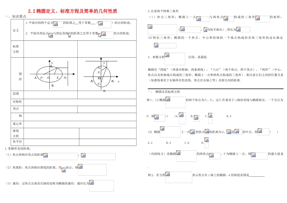 高中数学 2.2椭圆定义标准方程及简单的几何性质导学案 新人教A版选修2-1_第1页