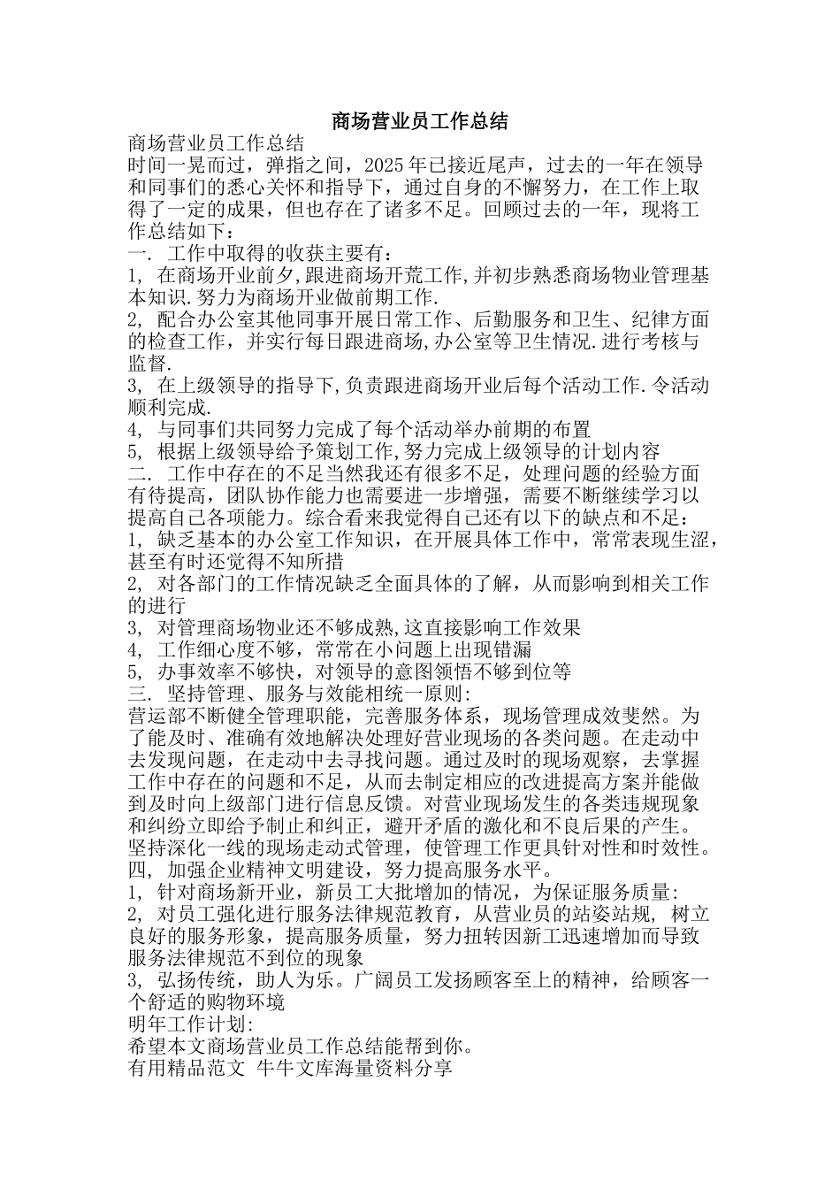 商场营业员工作总结-精品范文资料_第1页