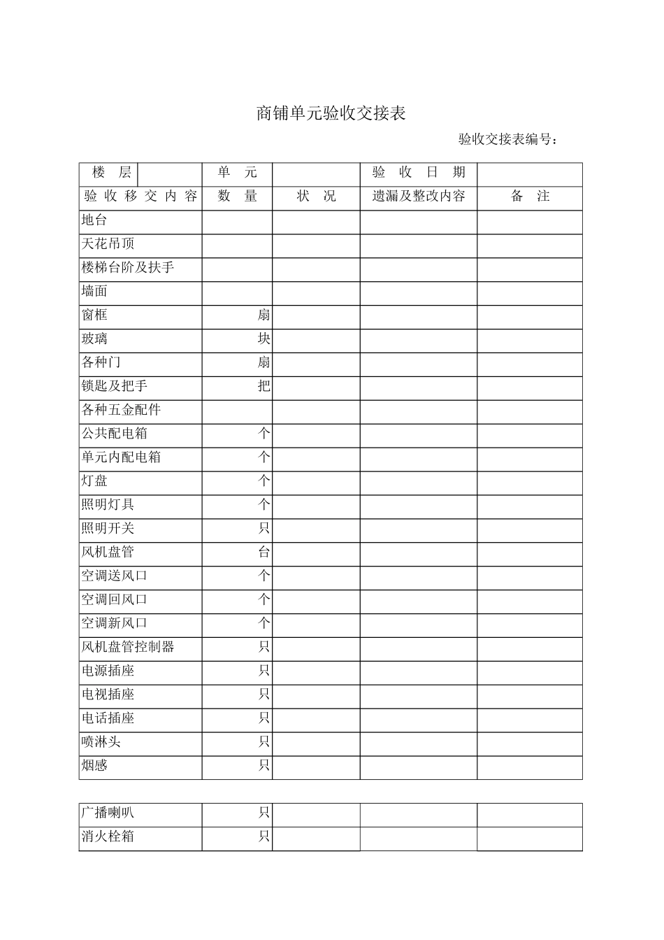 商铺单元验收交接表_第1页