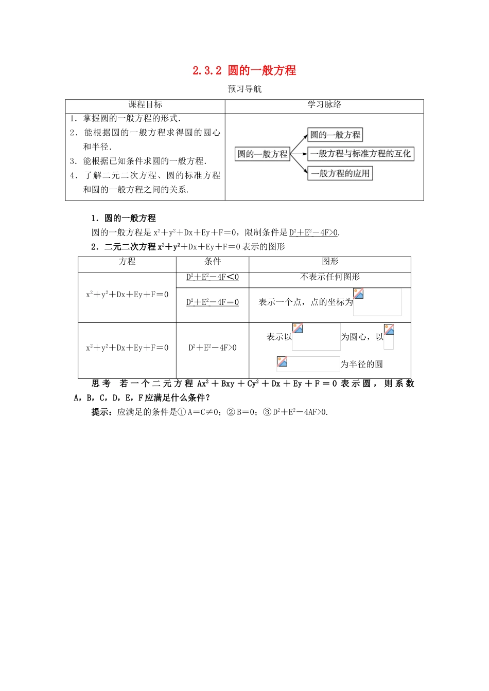 高中数学 2.3 圆的方程 2.3.2 圆的一般方程预习导学案 新人教B版必修2-新人教B版高一必修2数学学案_第1页