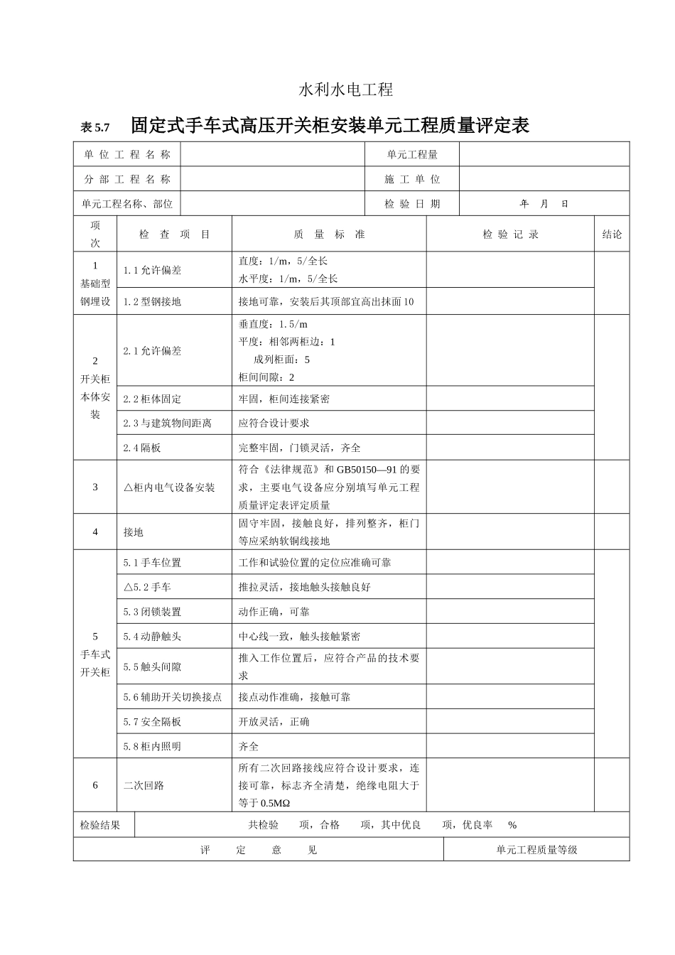 固定式手车式高压开关柜安装单元工程质量评定表_第1页