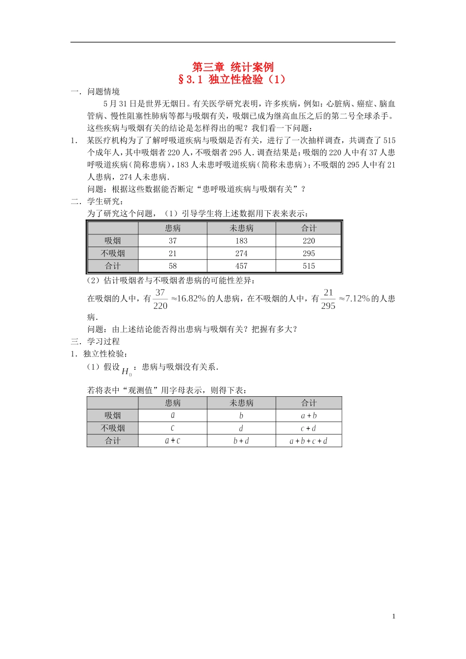 高中数学 3.1独立性检验（1）学案 理 新人教版选修2-3-新人教版高二选修2-3数学学案_第1页