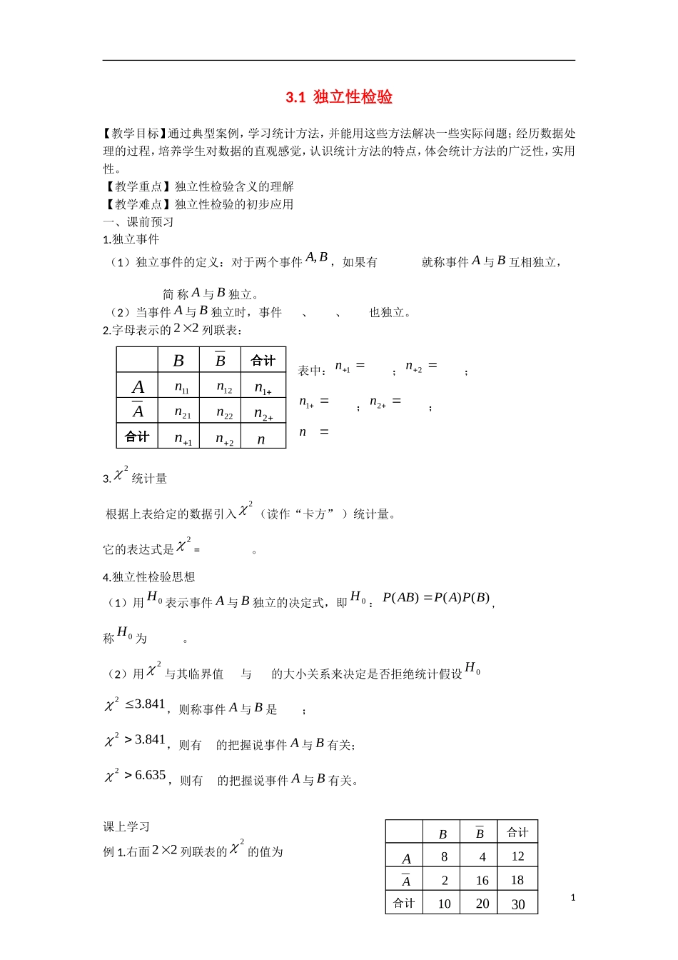 高中数学 3.1独立性检验教学案 理 新人教B版选修2-3-新人教B版高二选修2-3数学教学案_第1页