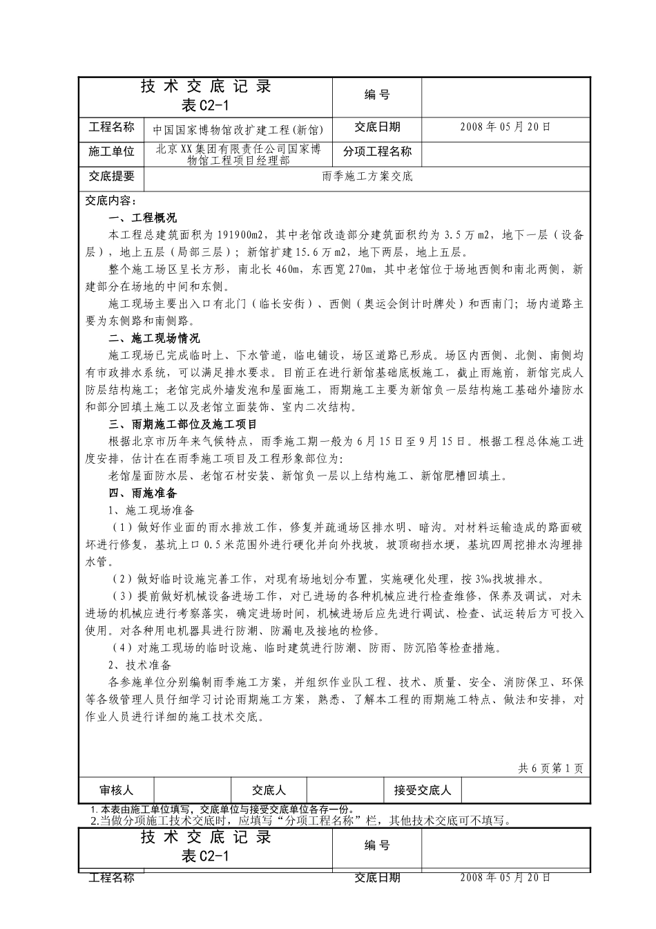 国博雨施施工方案技术交底记录_第1页