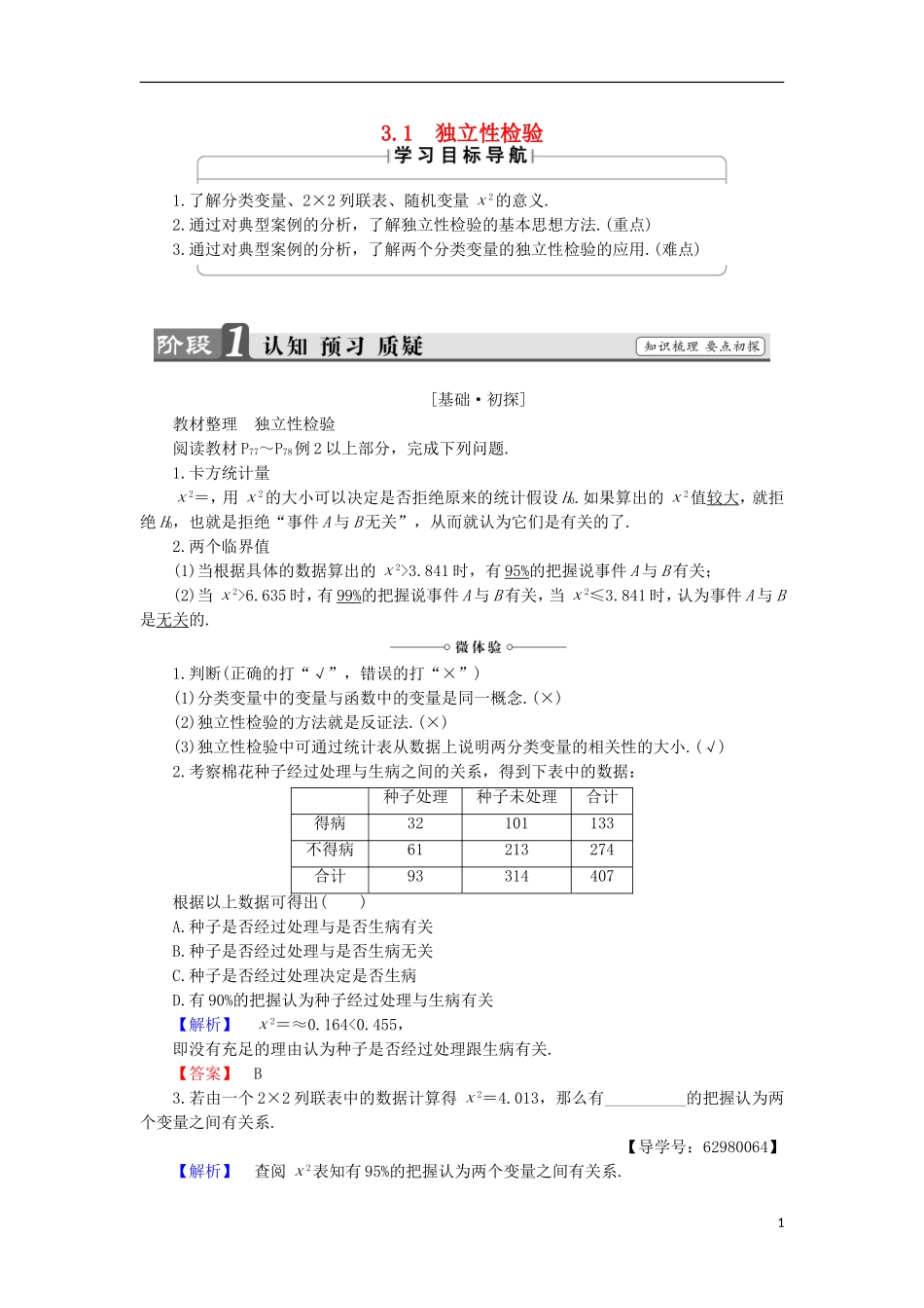 高中数学 3.1 独立性检验学案 新人教B版选修2-3-新人教B版高中选修2-3数学学案_第1页