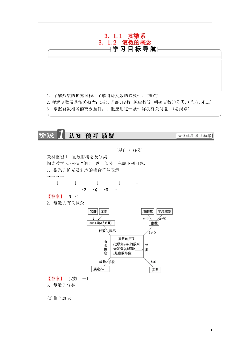高中数学 3.1.1 3.1.2 实数系 复数的概念学案 新人教B版选修2-2-新人教B版高中选修2-2数学学案_第1页
