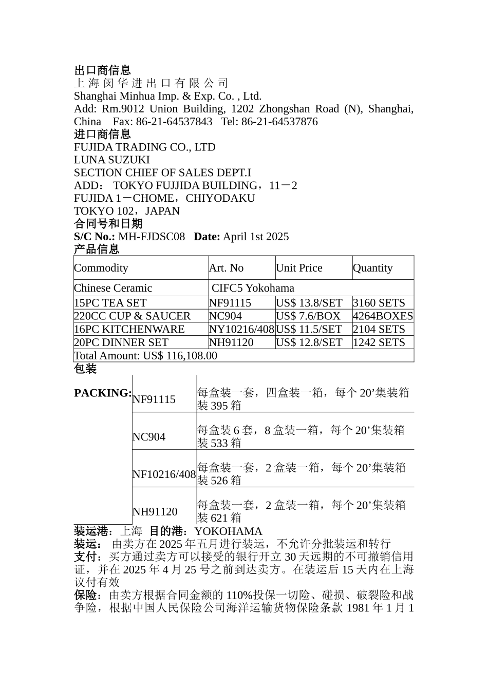国际贸易实务合同样本_第1页