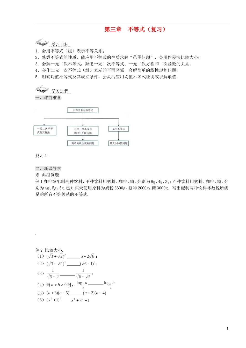 高中数学 3.5不等式复习小结(1)学案 新人教版必修5-新人教版高二必修5数学学案_第1页