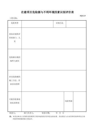 在建项目危险源与不利环境因素识别评价表