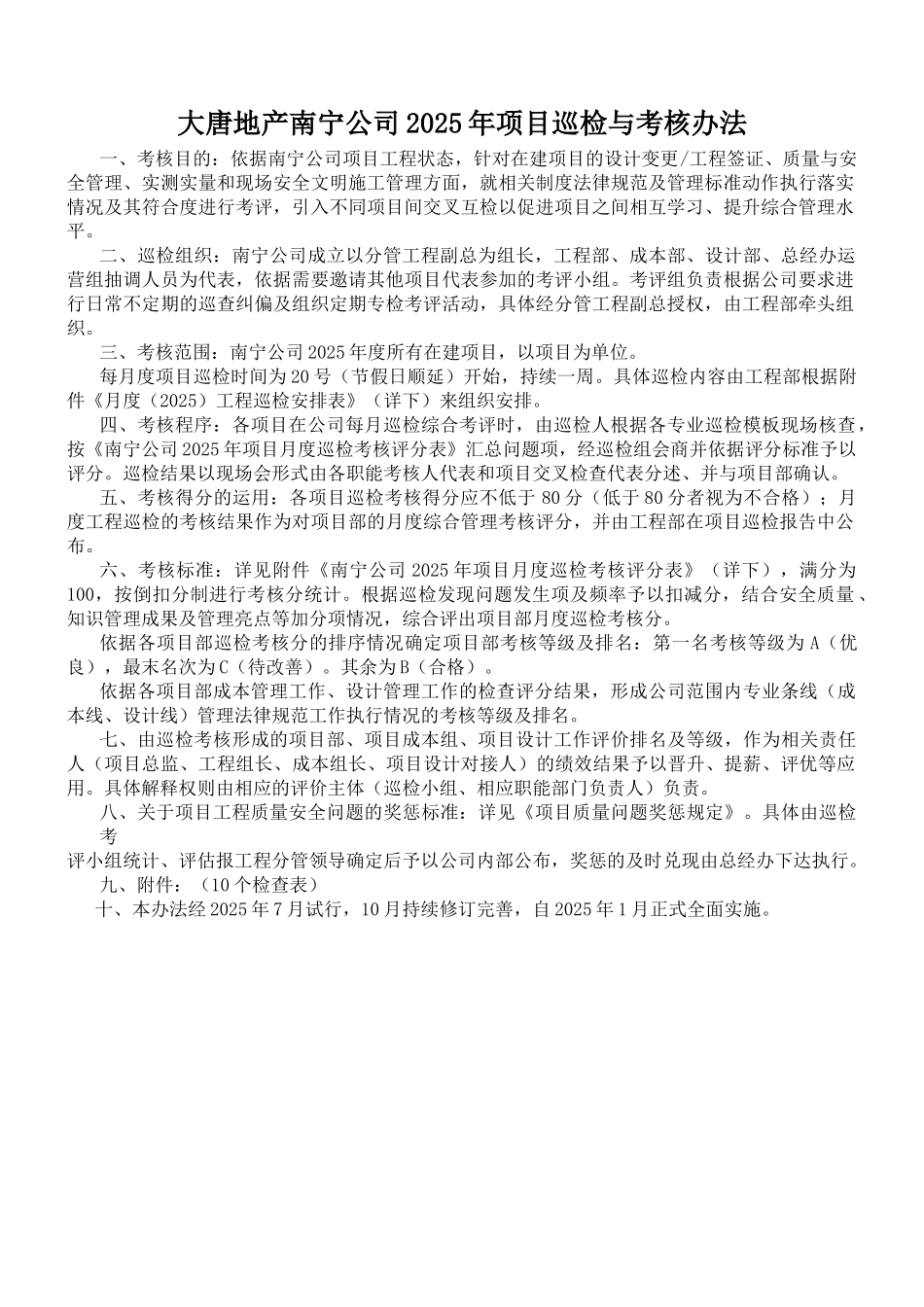 地产南宁公司2025年项目巡检及考核方案_第1页