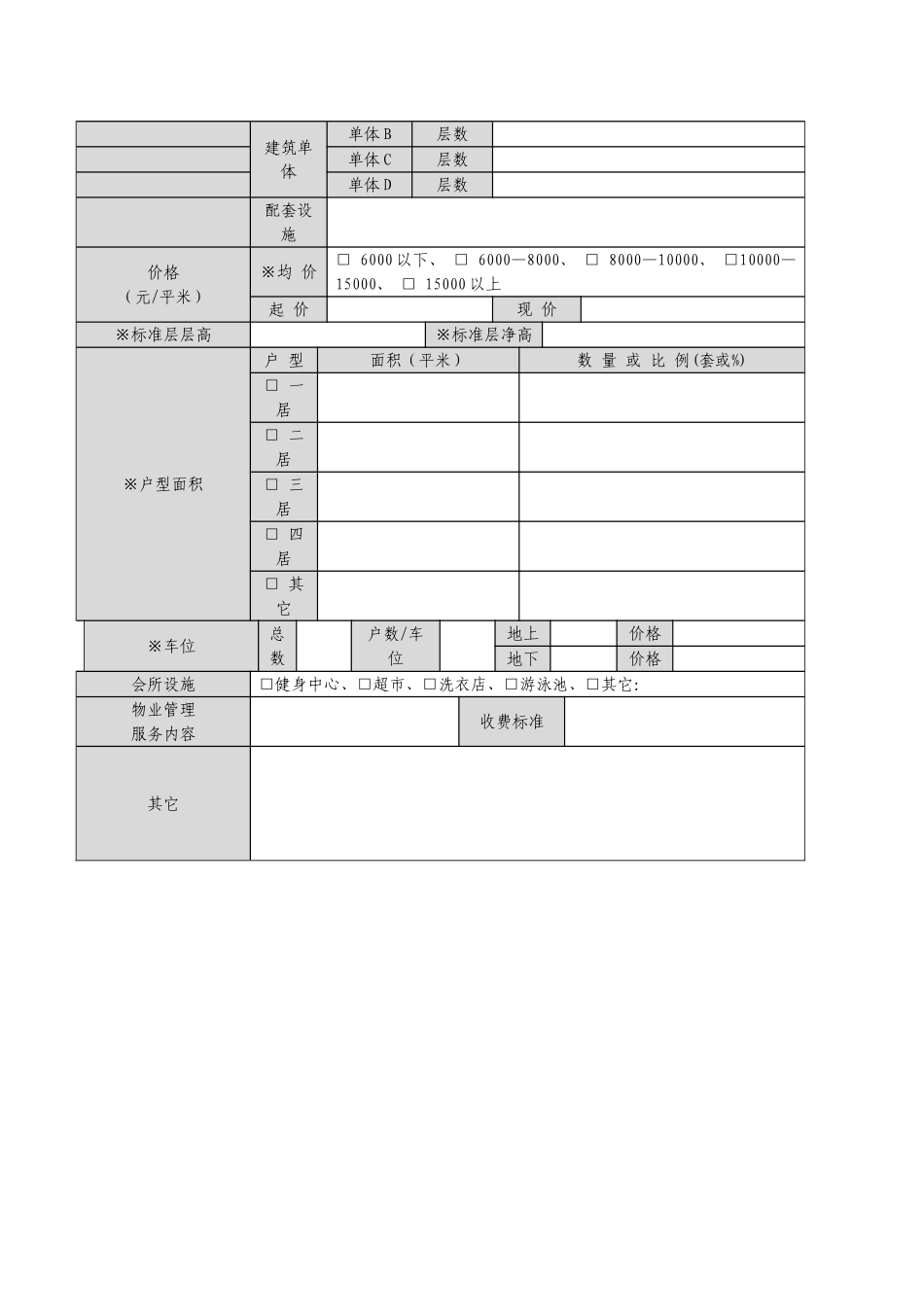 地产项目产品标准研究调研表(住宅)_第2页