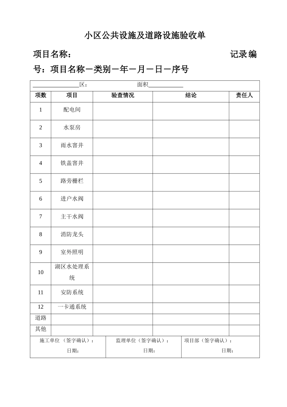 地产项目小区公共设施及道路设施验收单_第1页