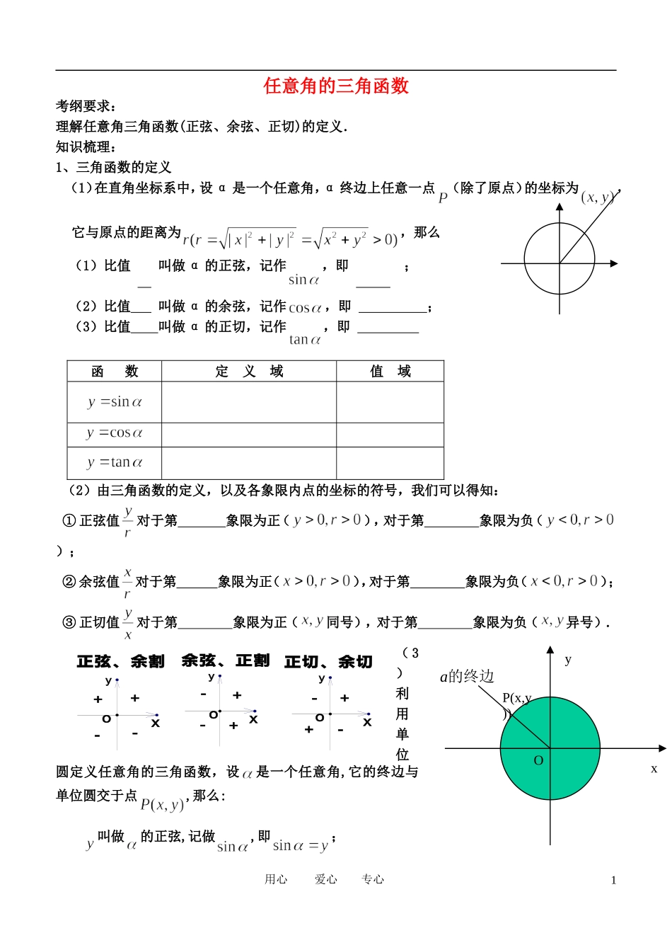 高中数学 任意角的三角函数4-2学案 新人教B版必修4_第1页