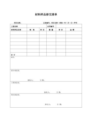 地产项目材料样品移交清单