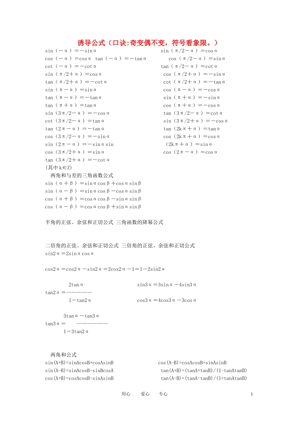 高中数学 三角函数的诱导公式素材 新人教A版必修4_第1页