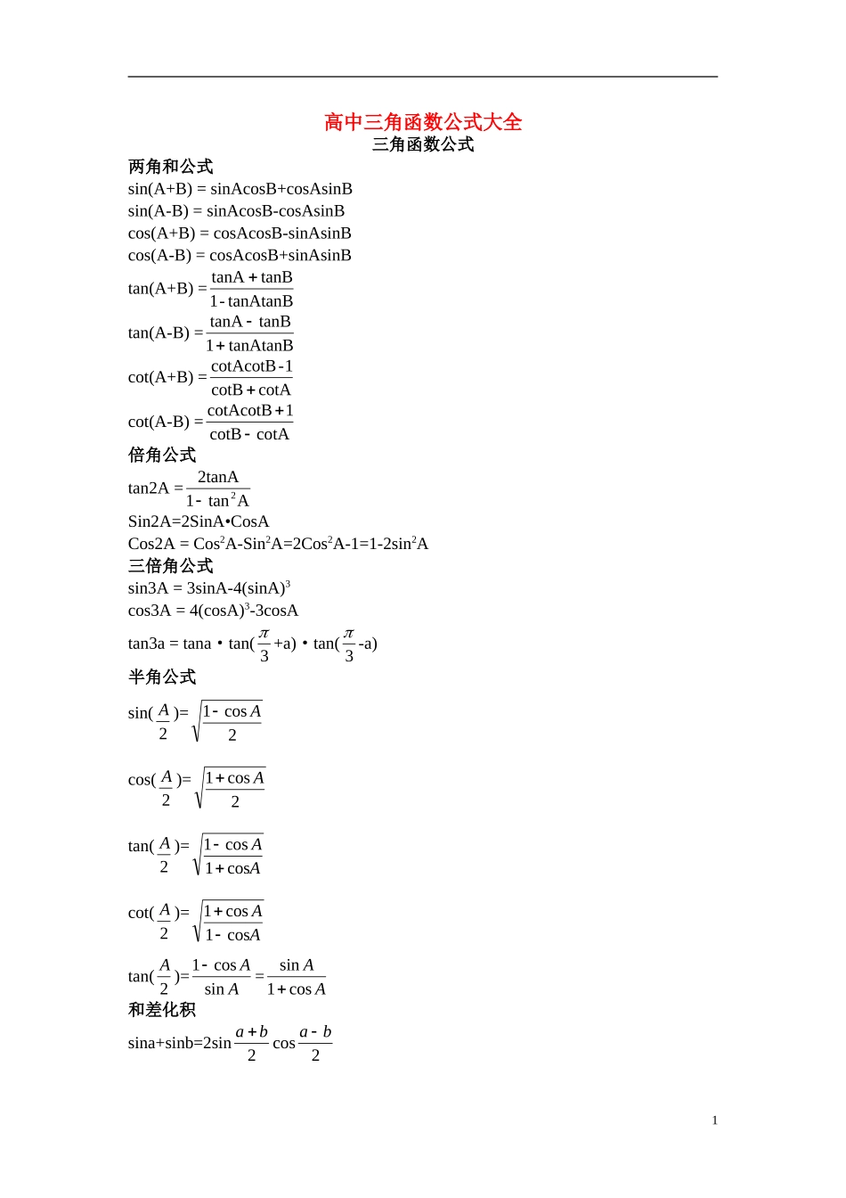 高中数学 三角函数公式大全素材 新人教A版必修4_第1页