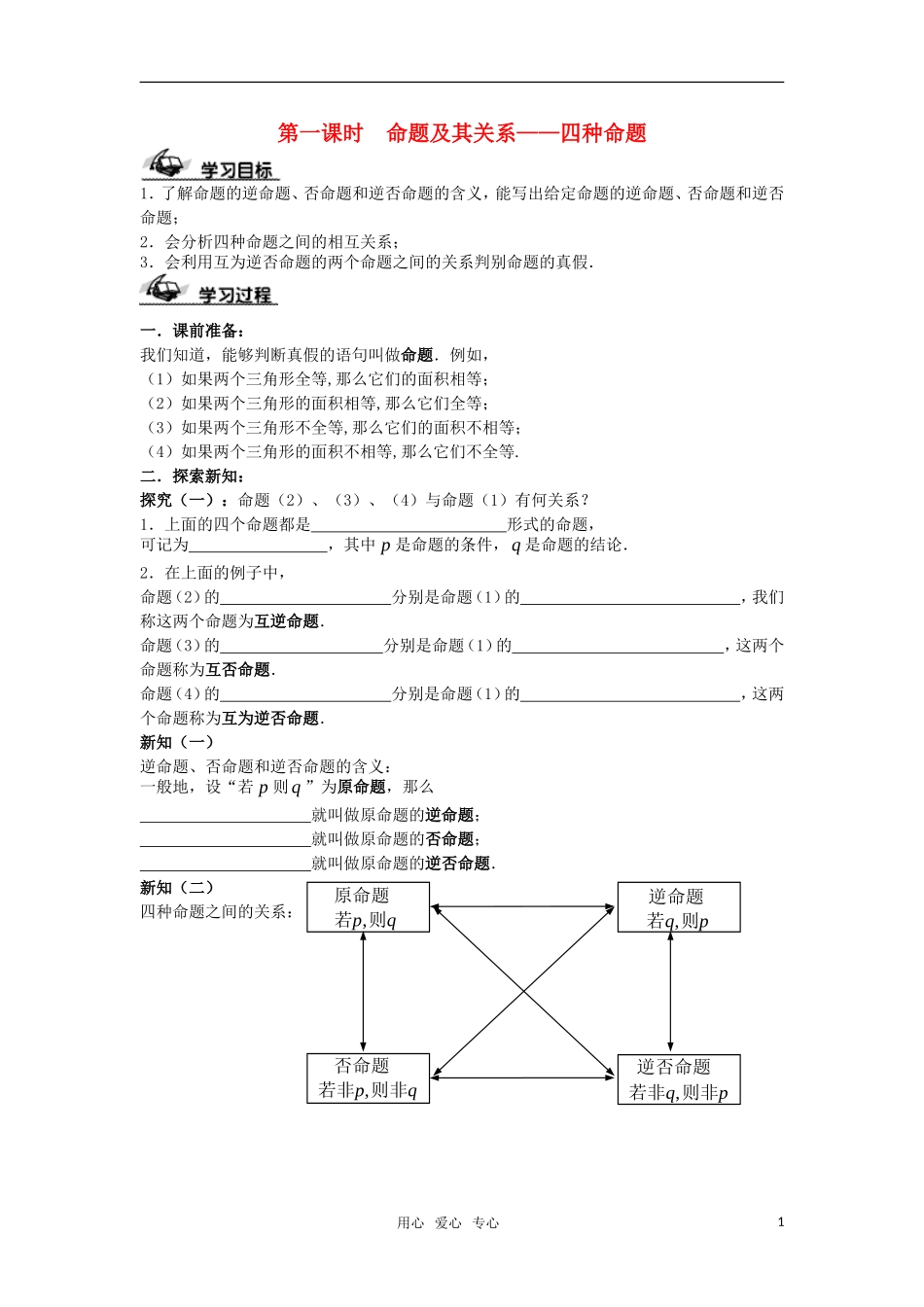 高中数学 命题及其关系——四种命题 学案 苏教版选修1-1_第1页