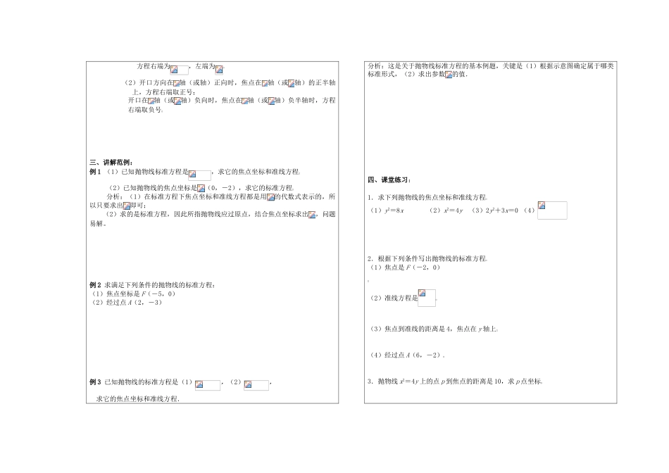 高中数学 抛物线及标准方程教学案 苏教版选修2-1_第2页