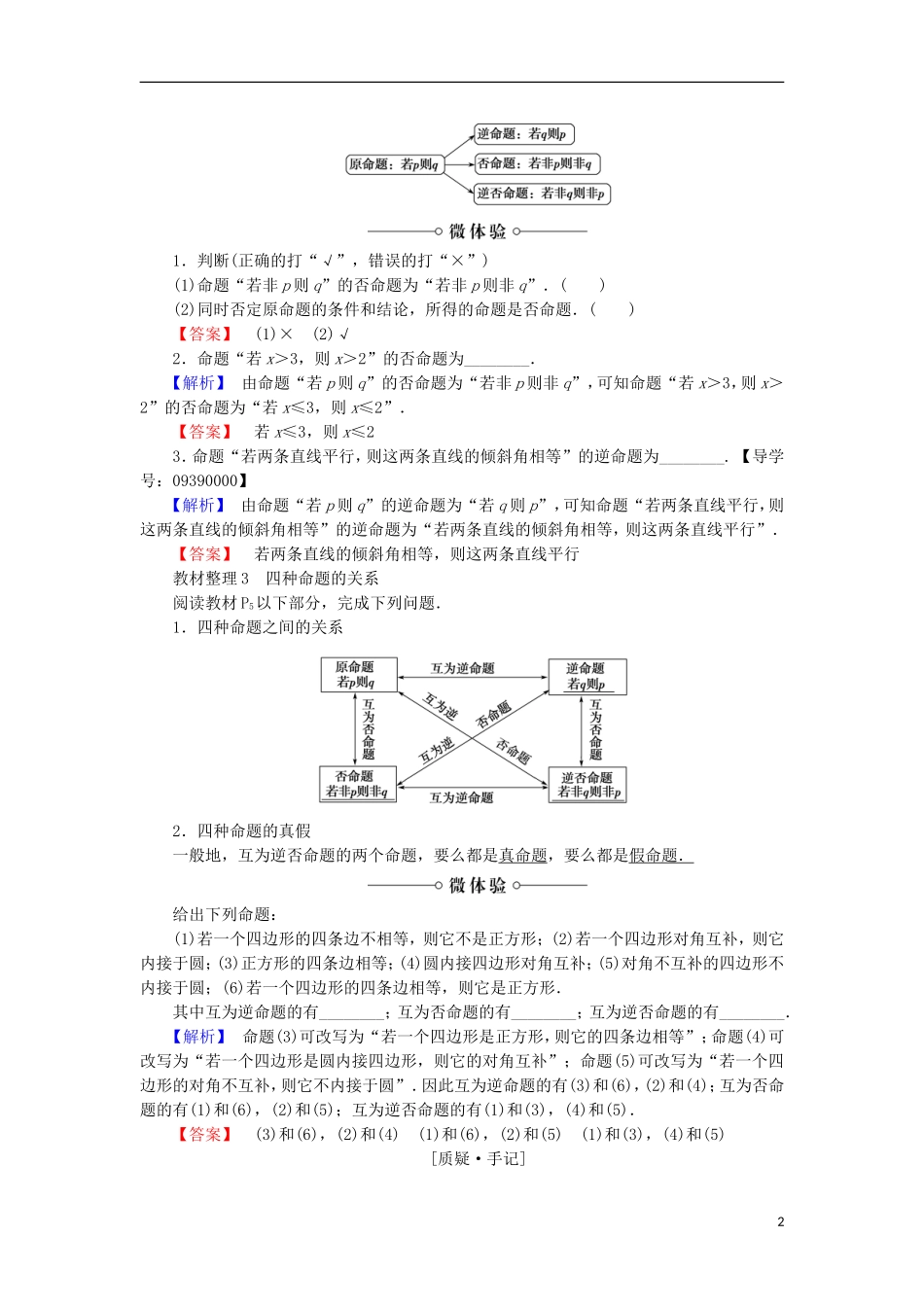 高中数学 第1章 常用逻辑用语 1.1.1 四种命题学案 苏教版选修2-1-苏教版高中选修2-1数学学案_第2页