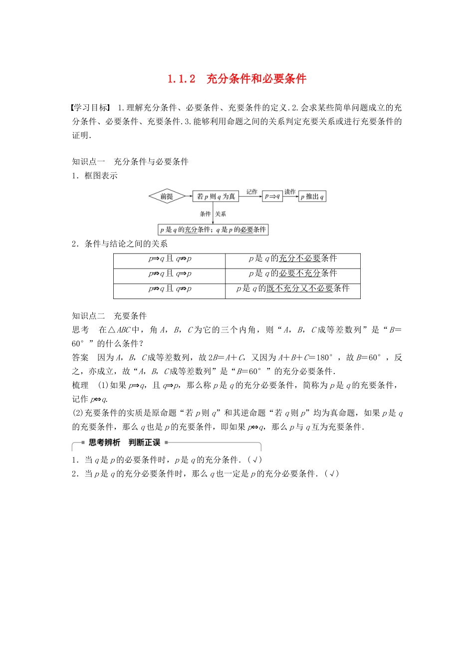 高中数学 第1章 常用逻辑用语 1.1.2 充分条件和必要条件学案 苏教版选修2-1-苏教版高二选修2-1数学学案_第1页