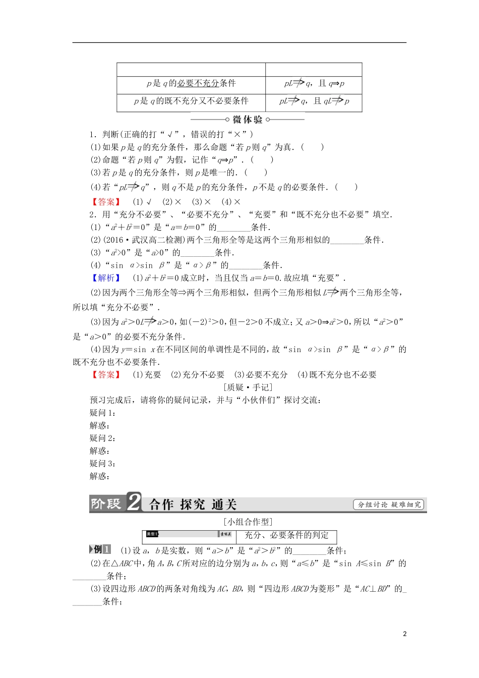 高中数学 第1章 常用逻辑用语 1.1.2 充分条件和必要条件学案 苏教版选修2-1-苏教版高中选修2-1数学学案_第2页