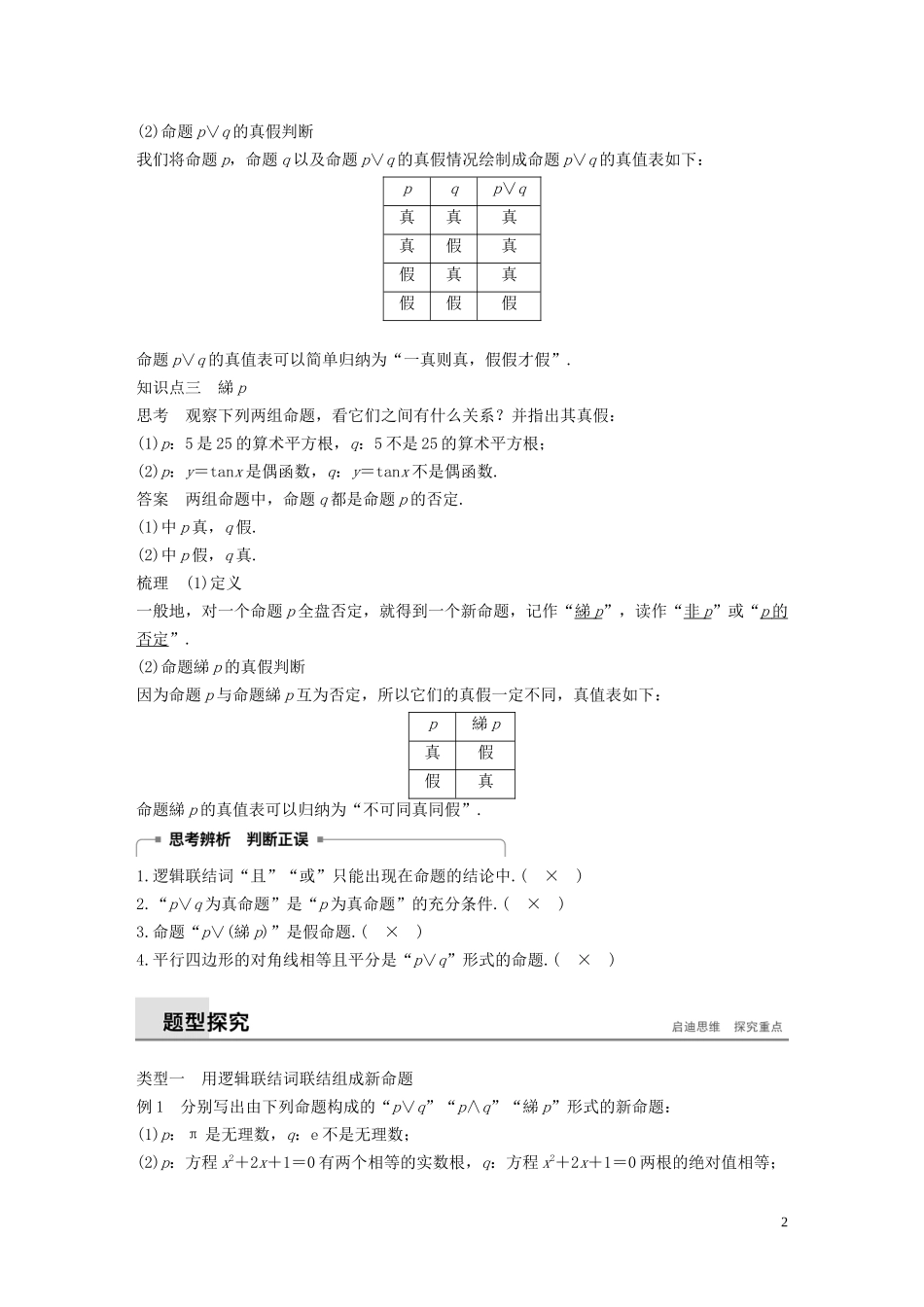 高中数学 第1章 常用逻辑用语 1.2 简单的逻辑联结词学案 苏教版选修1-1-苏教版高二选修1-1数学学案_第2页