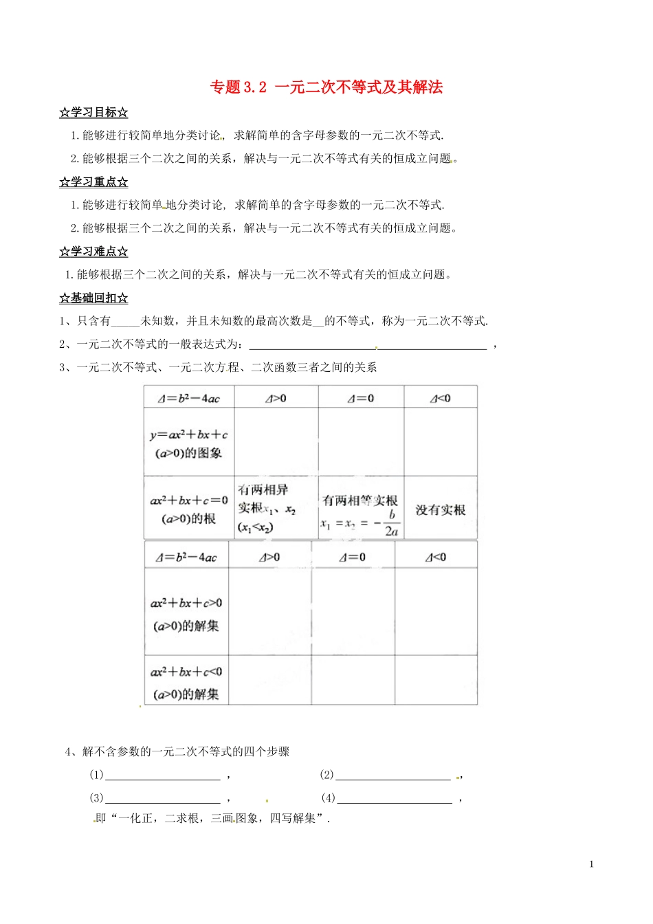 高中数学 专题3.2 一元二次不等式及其解法（讲）（提升版）新人教A版必修5-新人教A版高二必修5数学学案_第1页