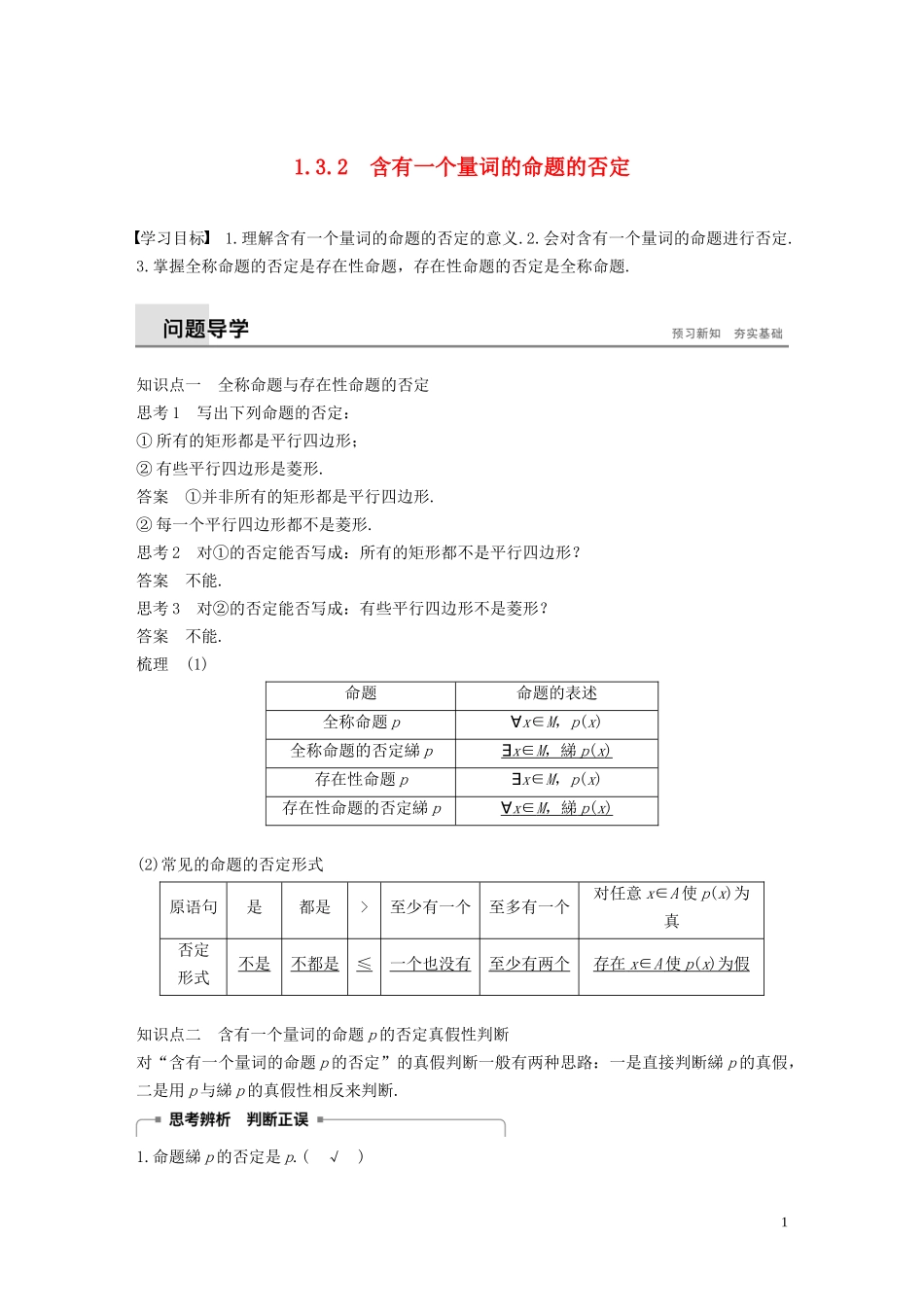 高中数学 第1章 常用逻辑用语 1.3.2 含有一个量词的命题的否定学案 苏教版选修1-1-苏教版高二选修1-1数学学案_第1页