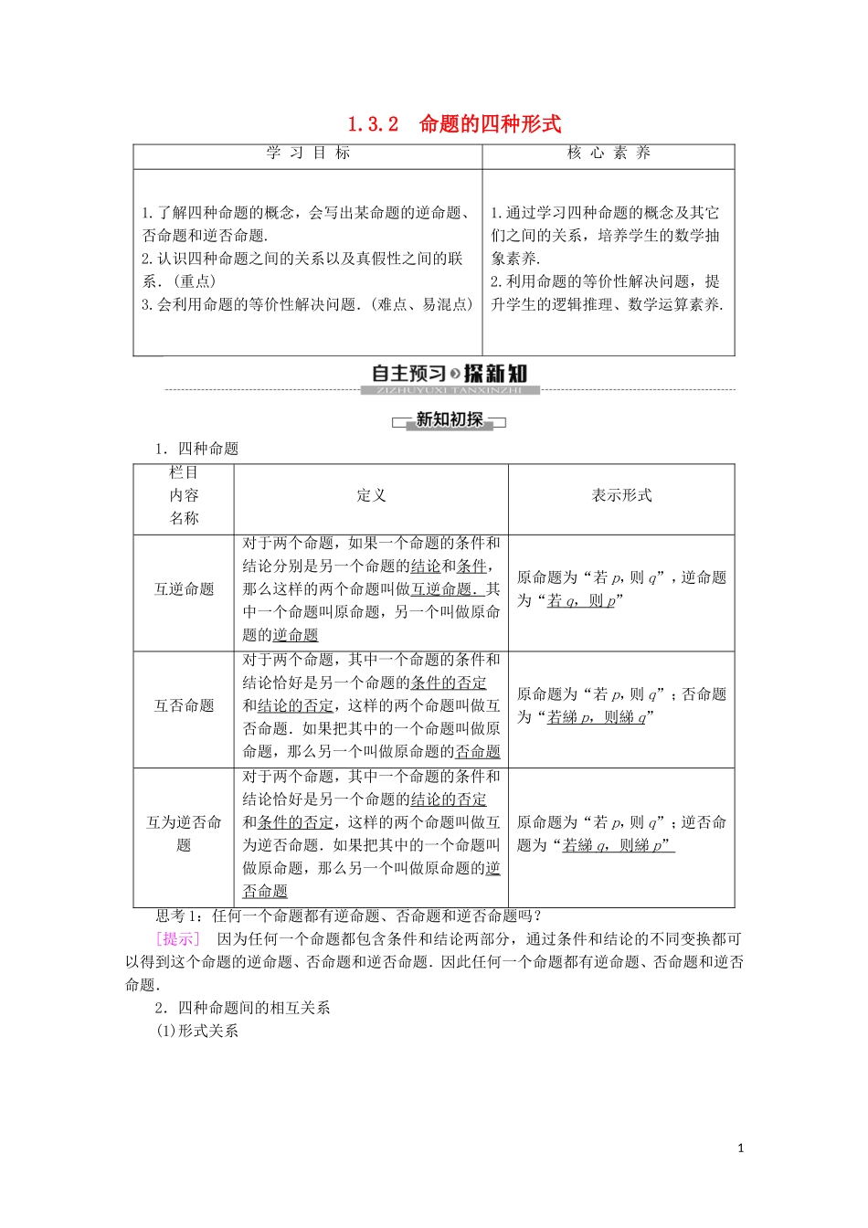 高中数学 第1章 常用逻辑用语 1.3.2 命题的四种形式学案 新人教B版选修2-1-新人教B版高二选修2-1数学学案_第1页