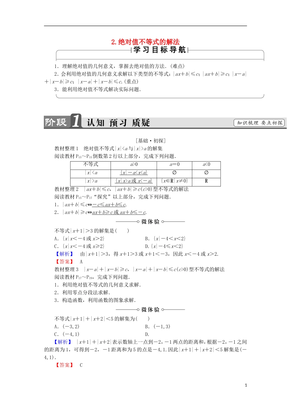 高中数学 第1讲 不等式和绝对值不等式 2.2 绝对值不等式的解法学案 新人教A版选修4-5-新人教A版高中选修4-5数学学案_第1页
