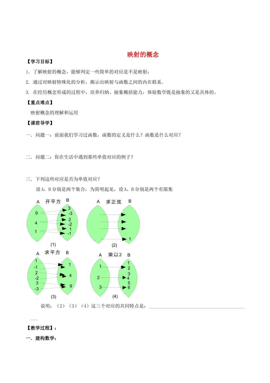 高中数学 映射的概念导学案 苏教版必修1_第1页