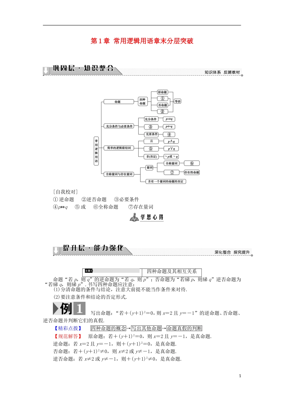 高中数学 第1章 常用逻辑用语章末分层突破学案 苏教版选修1-1-苏教版高中选修1-1数学学案_第1页