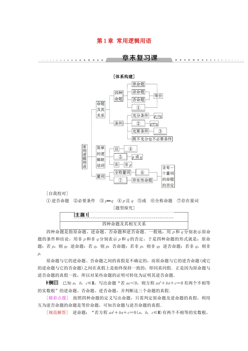 高中数学 第1章 常用逻辑用语章末复习课学案 苏教版选修2-1-苏教版高二选修2-1数学学案_第1页