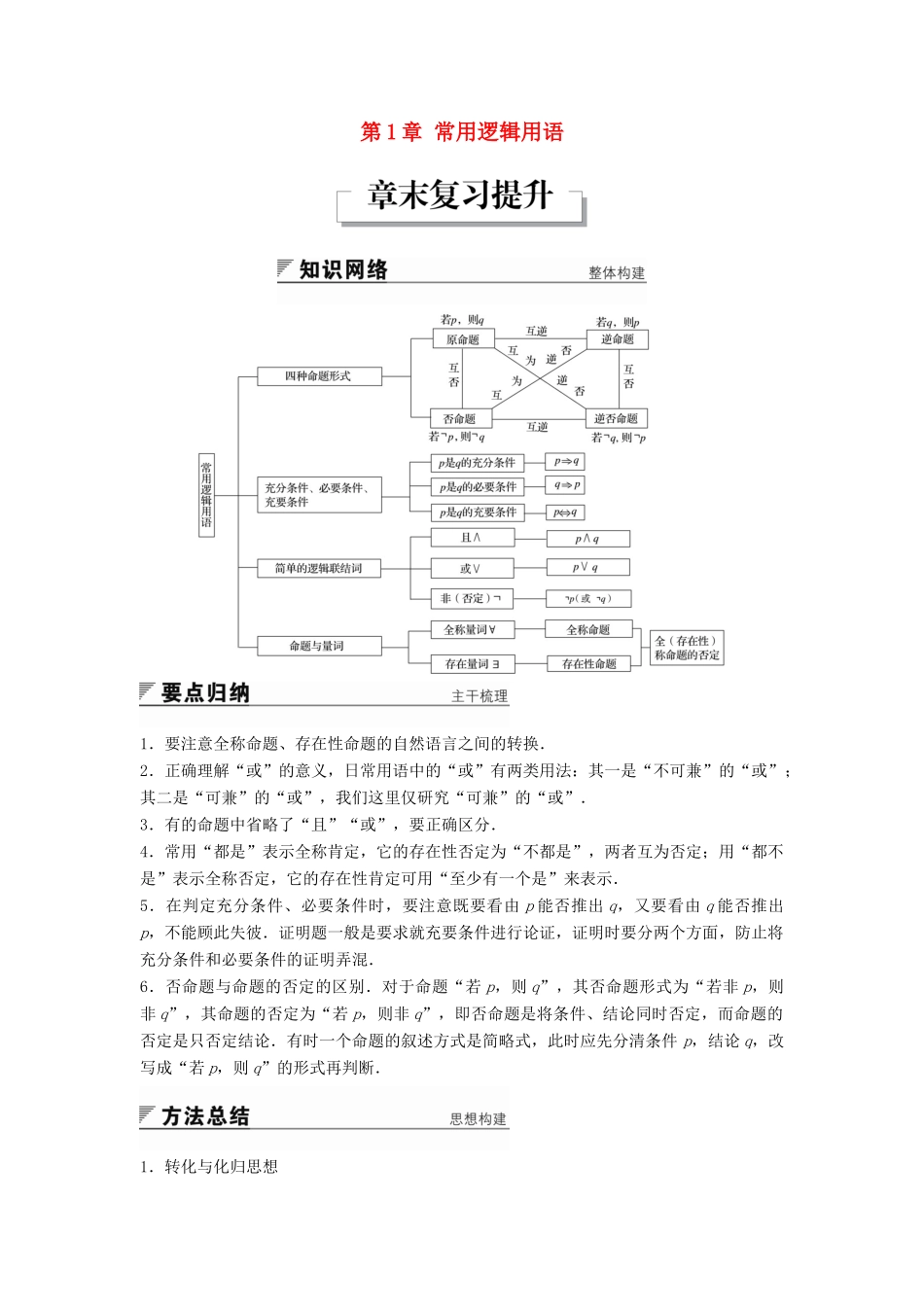 高中数学 第1章 常用逻辑用语章末复习提升学案 苏教版选修2-1-苏教版高二选修2-1数学学案_第1页